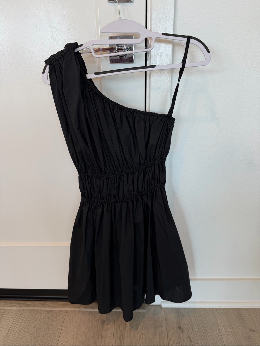 Matteau x Kirna Zabete Shirred One Shoulder Mini Dress in black